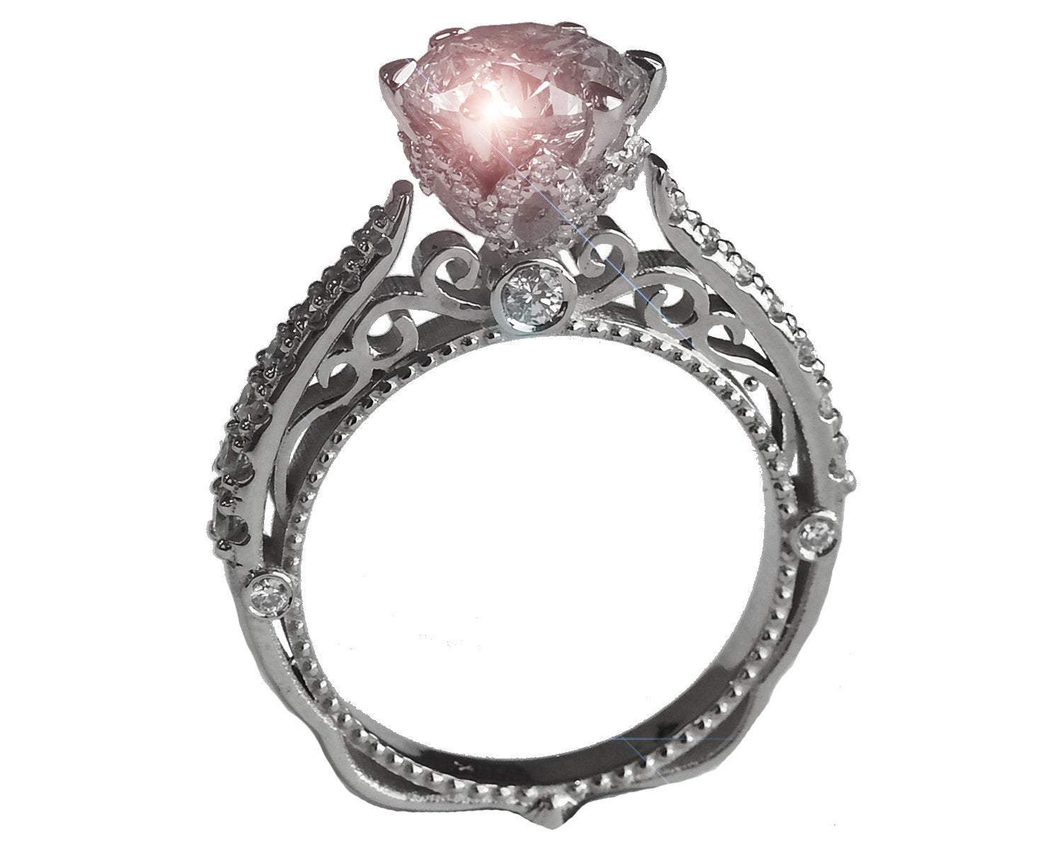 White Gold 2.5 ct Filigree Solitaire 6 prongs 18K Avant Garde Unique Moissanite Engagement Ring - Lianne Jewelry