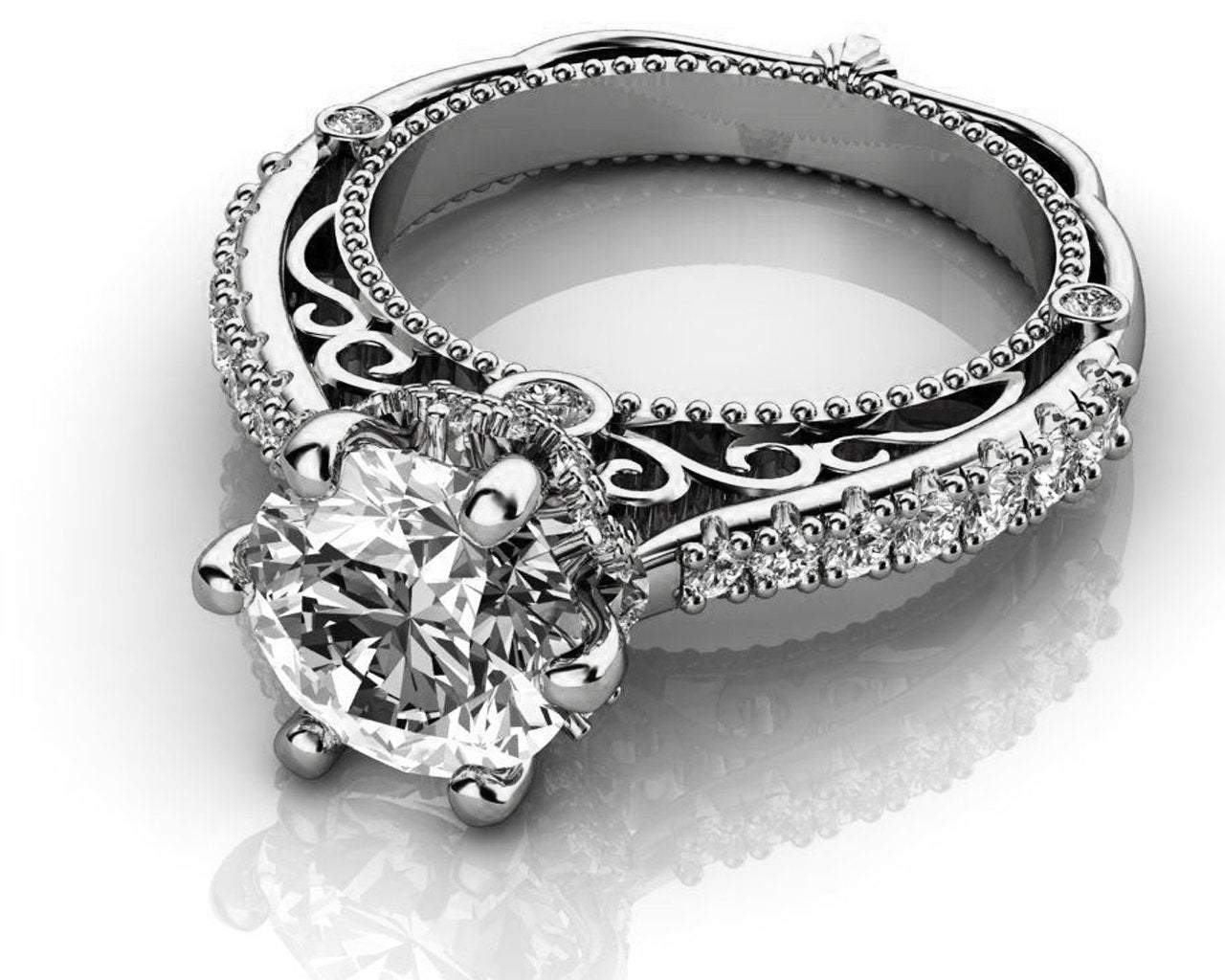 White Gold 2.5 ct Filigree Solitaire 6 prongs 18K Avant Garde Unique Moissanite Engagement Ring