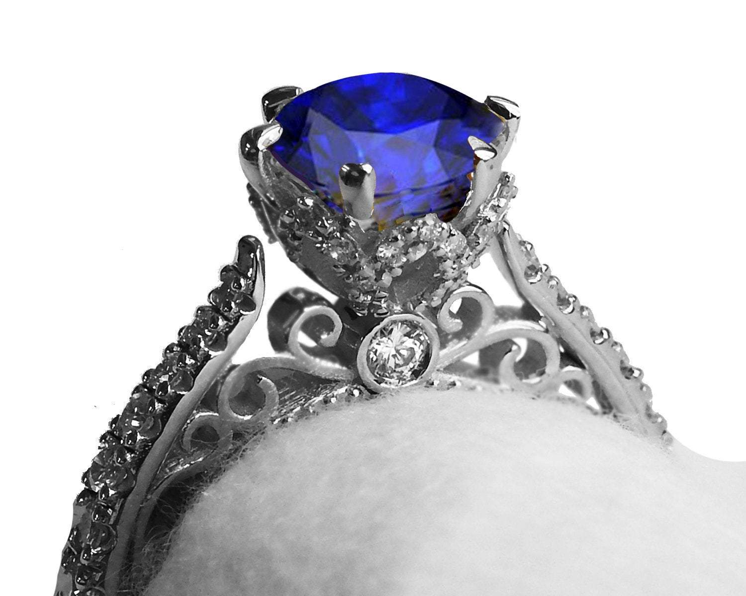 18K White Gold Sapphire Cathedral Filigree Flower Unique Diamond Engagement Ring 6 prongs