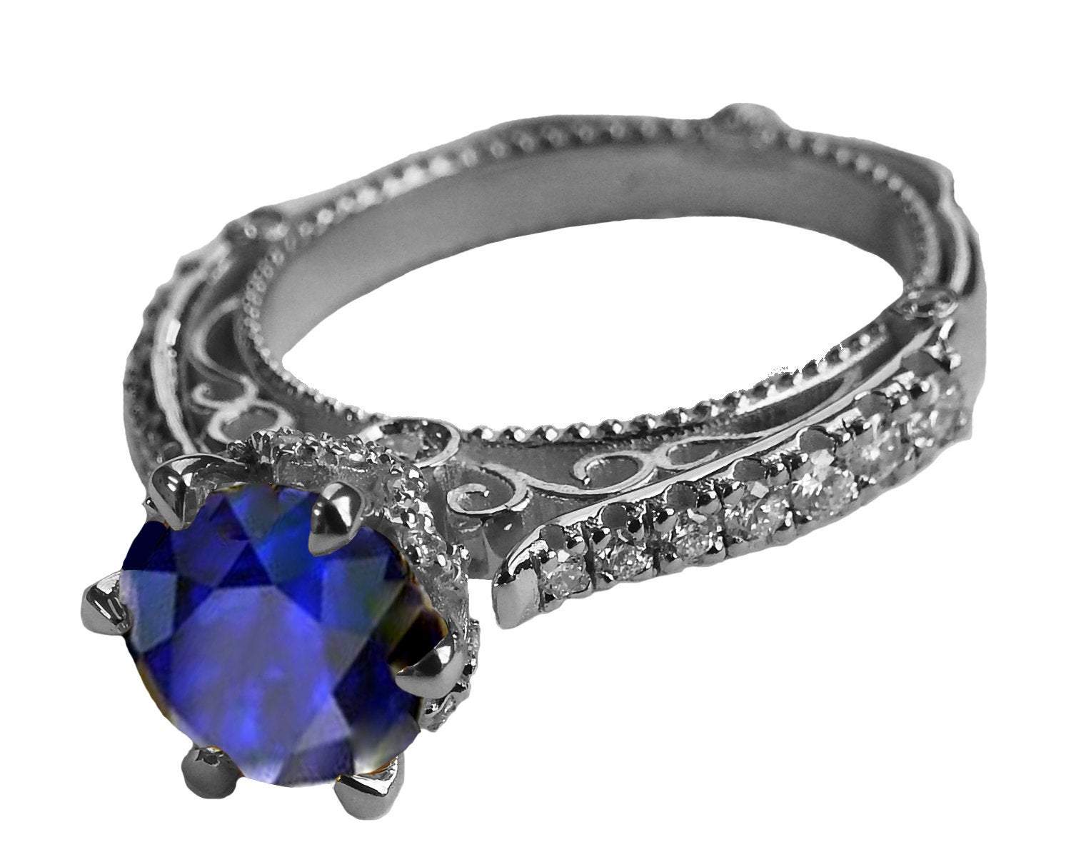 18K White Gold Sapphire Cathedral Filigree Flower Unique Diamond Engagement Ring 6 prongs