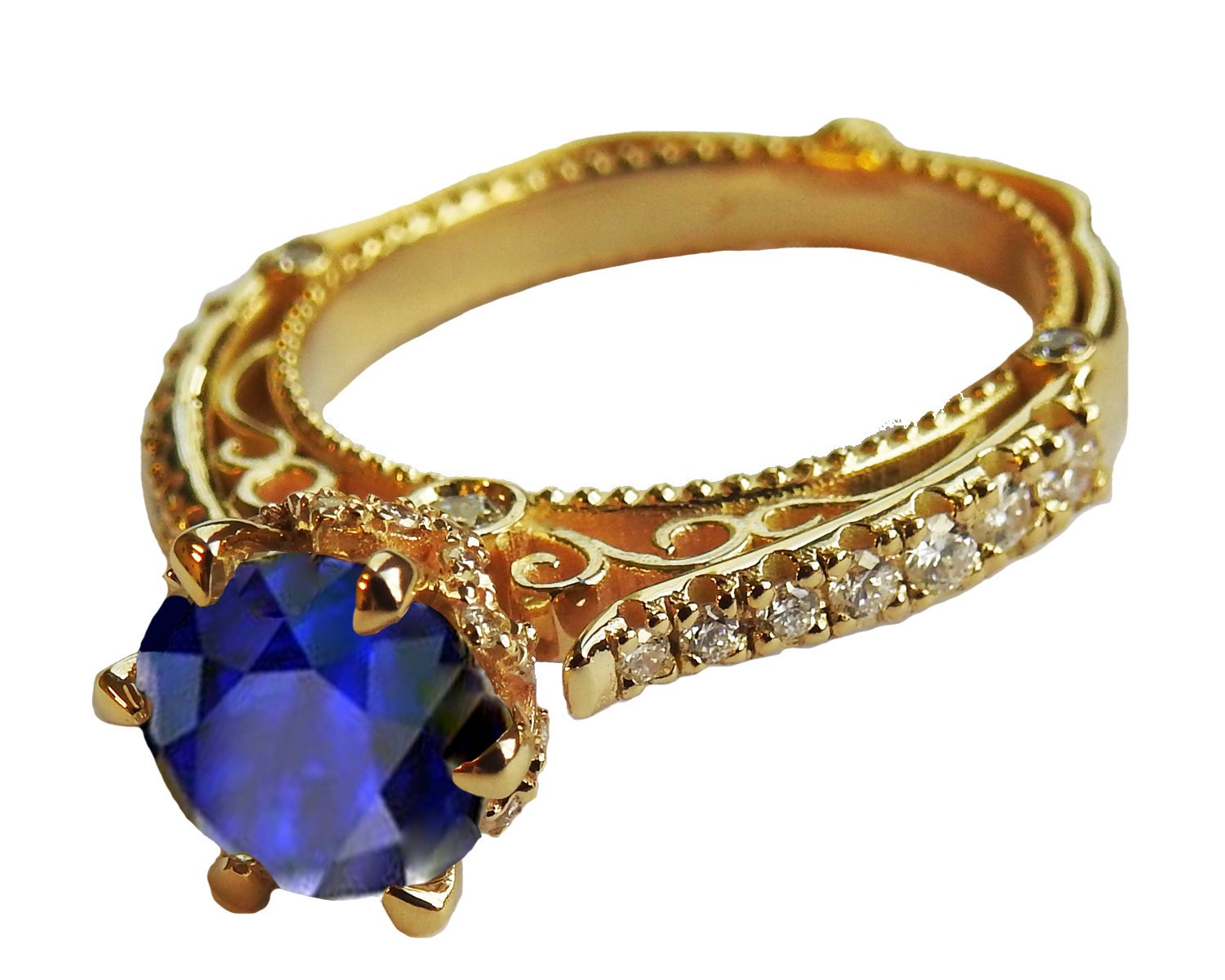 18K Sapphire Edwardian Filigree Flower Unique Diamond Engagement Ring 6 prongs