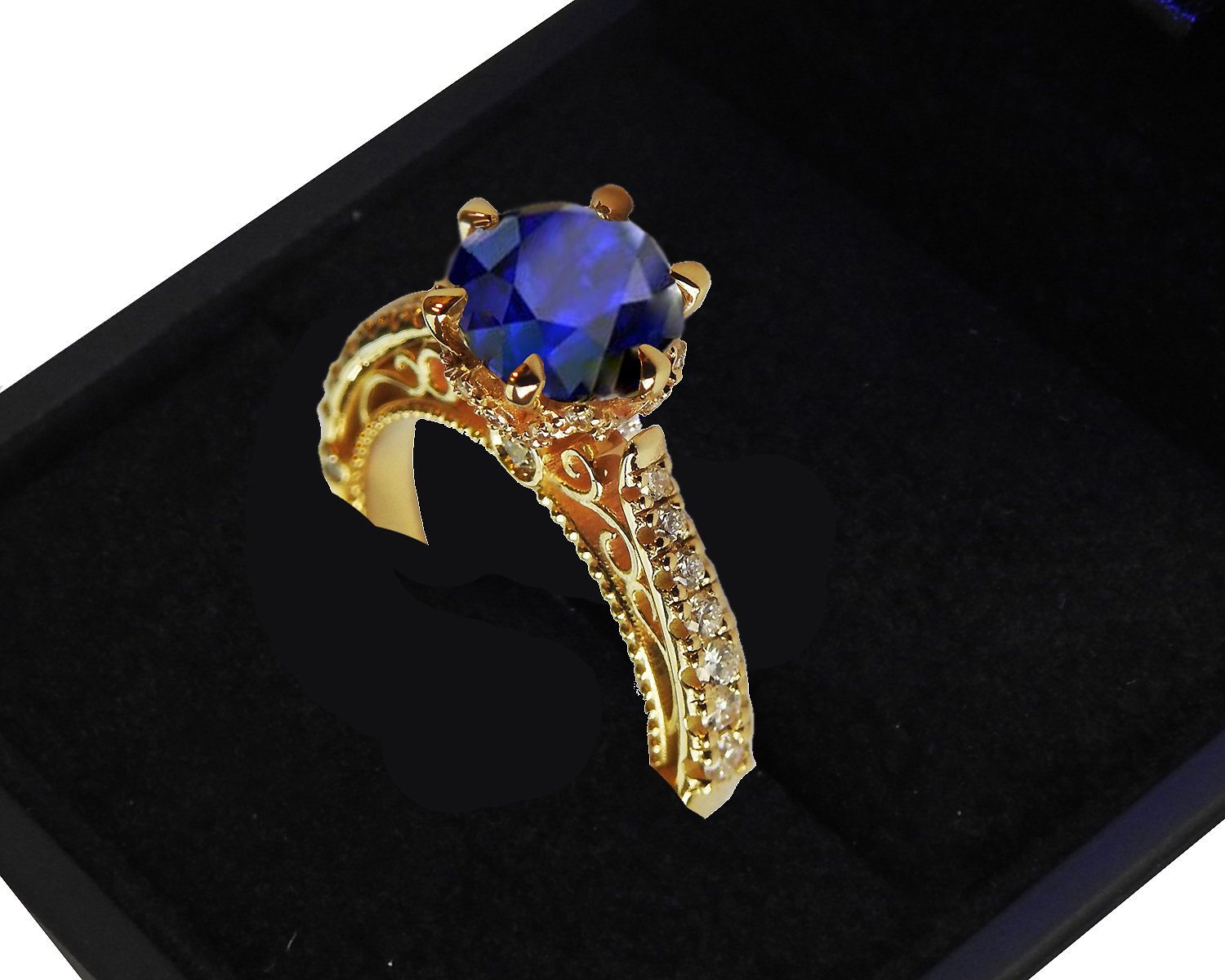 18K Sapphire Edwardian Filigree Flower Unique Diamond Engagement Ring 6 prongs