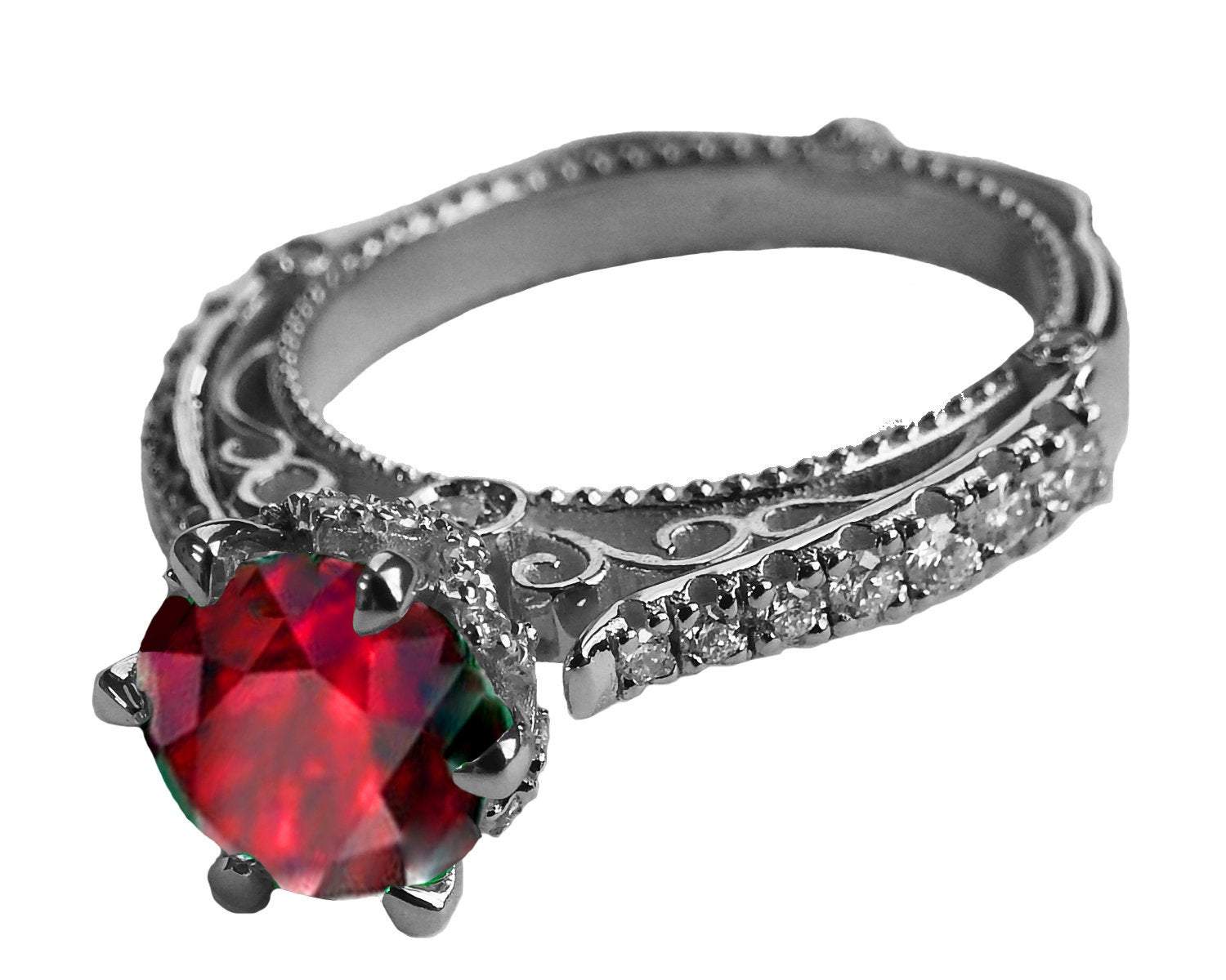 18K White Solid Gold Ruby Edwardian Filigree Flower Unique Diamond Engagement Ring 6 prongs