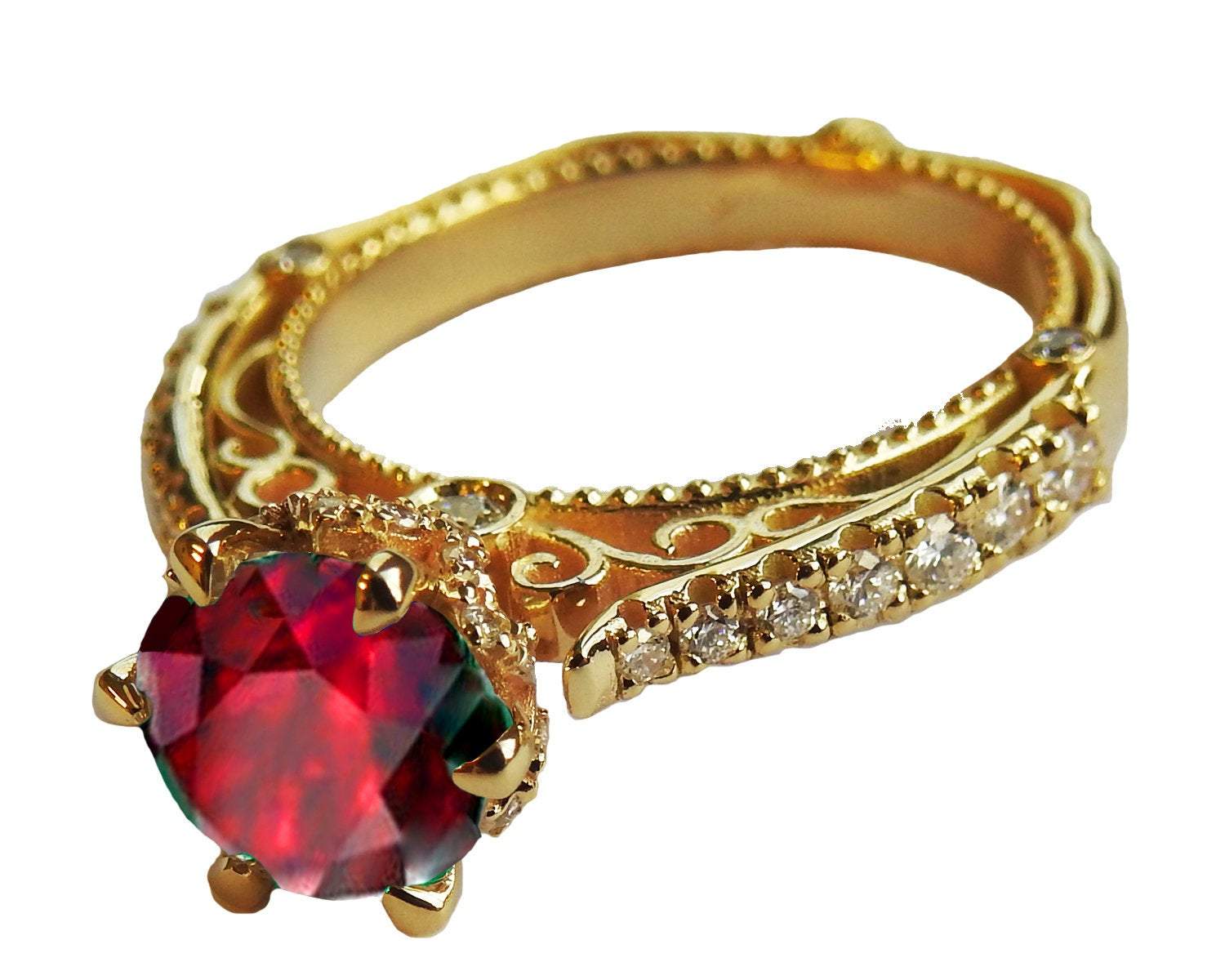 18K Ruby Edwardian Filigree Flower Unique Diamond Engagement Ring 6 prongs