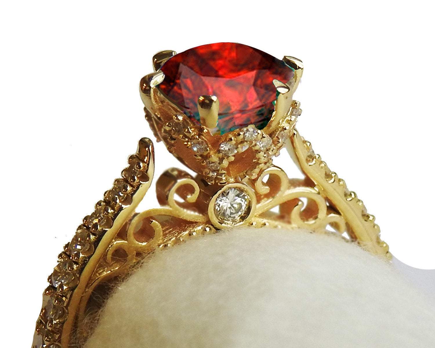 18K Ruby Edwardian Filigree Flower Unique Diamond Engagement Ring 6 prongs
