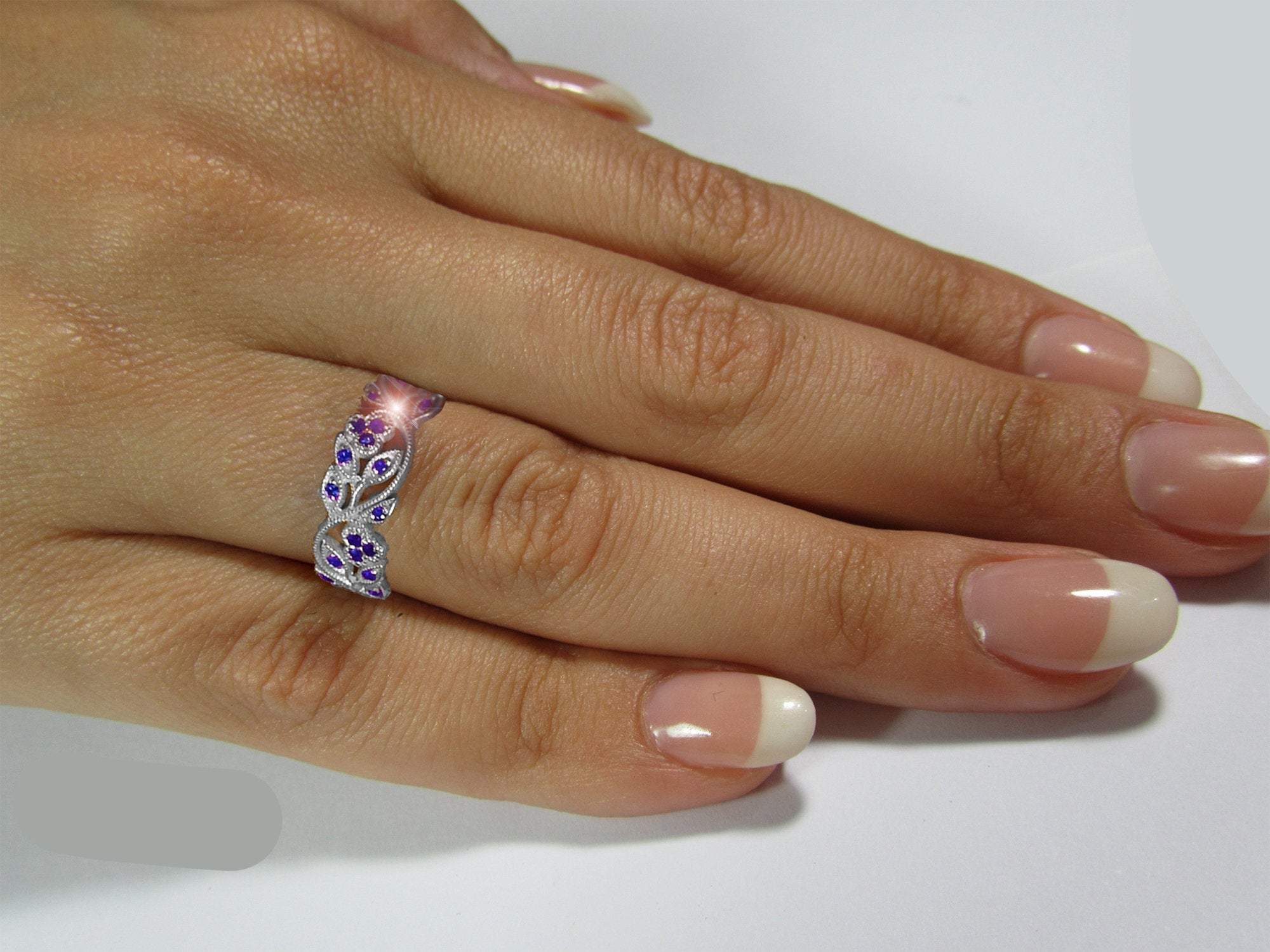 18K White gold Leaves Band with 42 Sapphires Filigree Ring Milgrain Twig Ring - Lianne Jewelry
