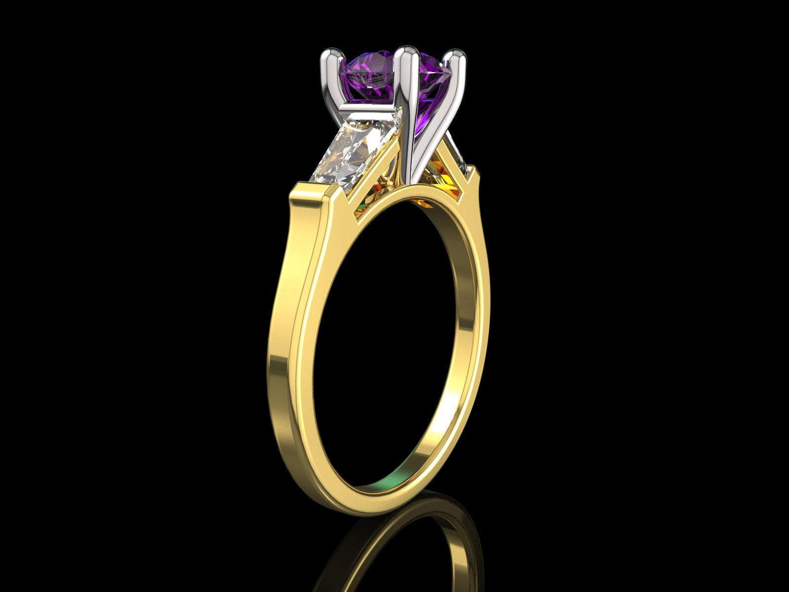 14K Amethyst with Tapered Baguettes Unique Engagement Ring, 3 Stone ring, Purple Ring