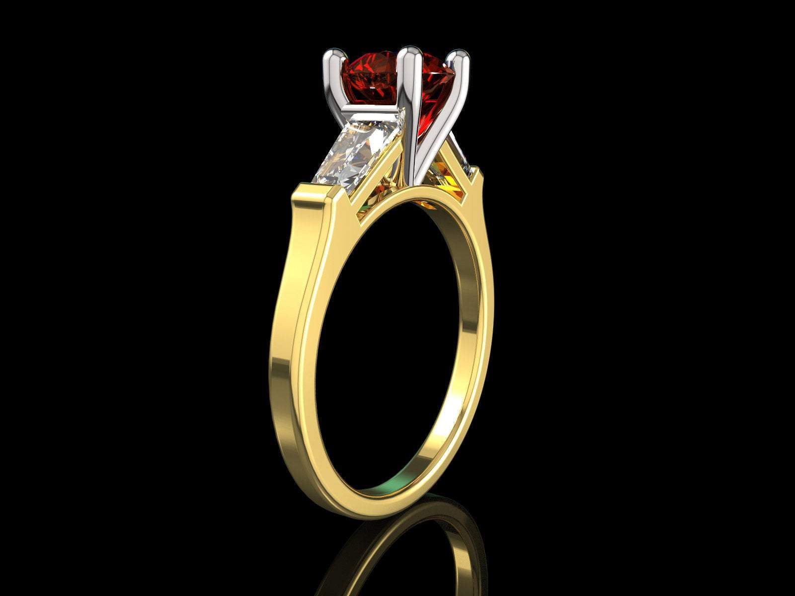 14K Round Ruby with Tapered Baguettes 3 Stone Ring, Unique Engagement Ring, Red Ring, Lab Ruby deep Fine Top Quality Red