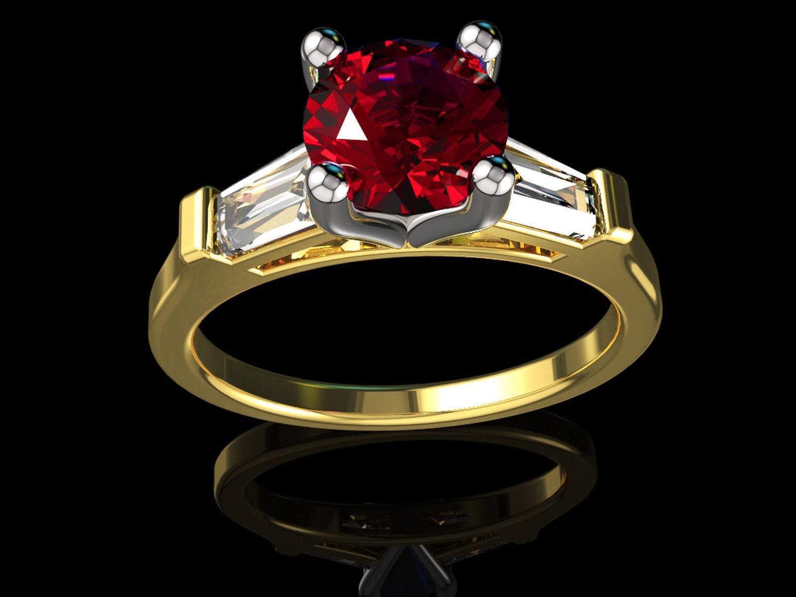 14K Round Ruby with Tapered Baguettes 3 Stone Ring, Unique Engagement Ring, Red Ring, Lab Ruby deep Fine Top Quality Red