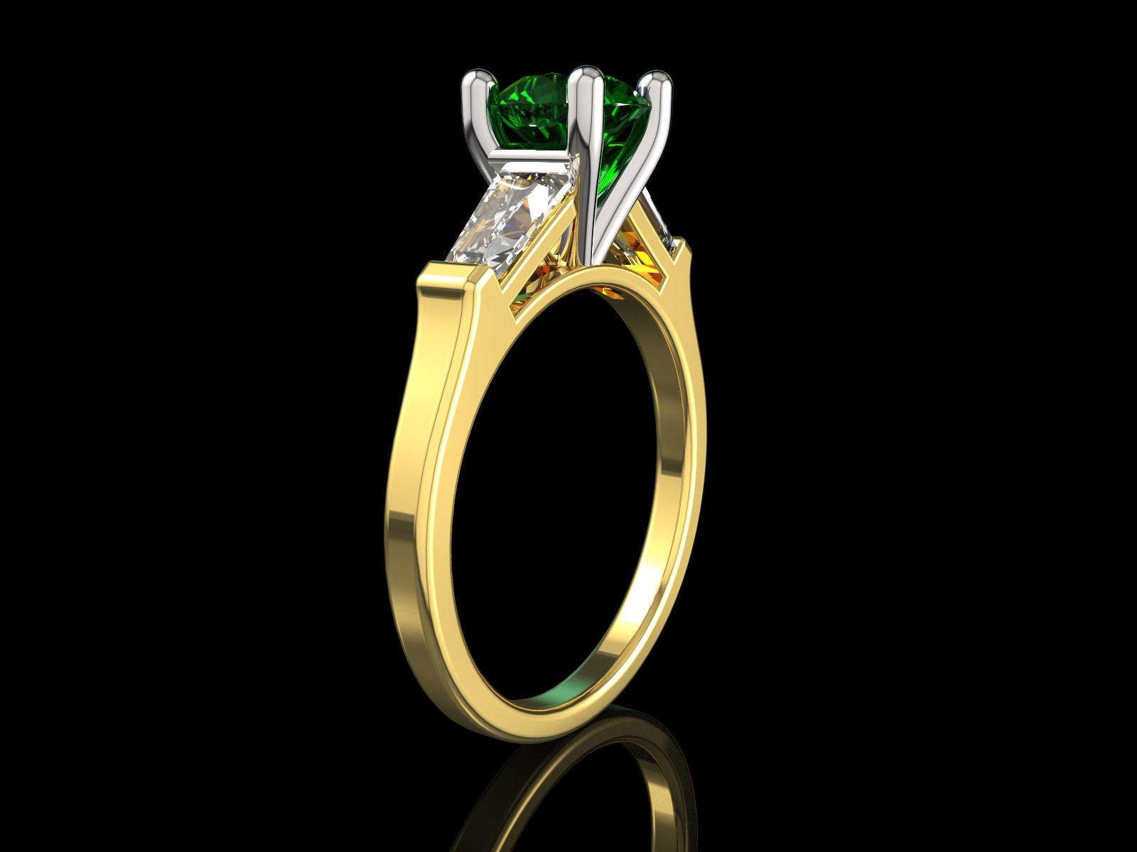 3 Stone Emerald Engagement Ring Tapered Baguettes Moissanite 2 Tone Vintage Lab Emerald Fine deep Green