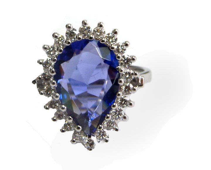 14K Tanzanite Engagement Ring, Pear shape Purple Gemstone surrounded with Diamonds