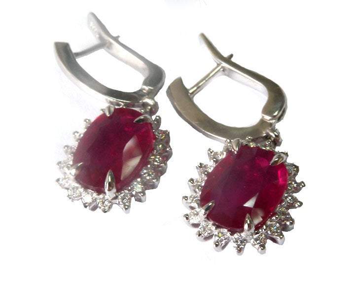 Halo Cluster Earrings, Dainty Vintage Earrings, Leverback Genuine Ruby 14K White gold, Oval Ruby surrounded with Diamonds - Lianne Jewelry