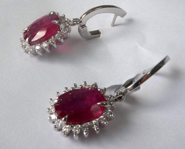 Halo Cluster Earrings, Dainty Vintage Earrings, Leverback Genuine Ruby 14K White gold, Oval Ruby surrounded with Diamonds
