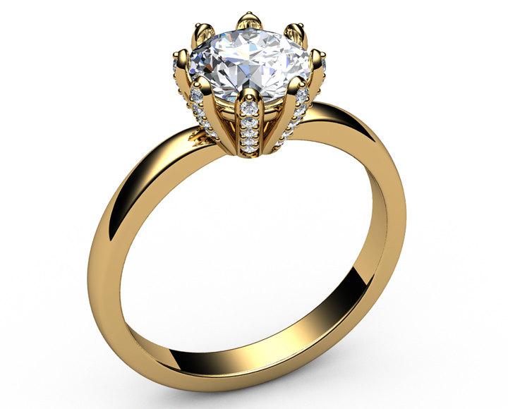 Rose Gold Unique Solitaire Engagement Ring, 14K gold Ring Yellow Gold Ring, Moissanite, 8 prongs, Diamonds on Prongs