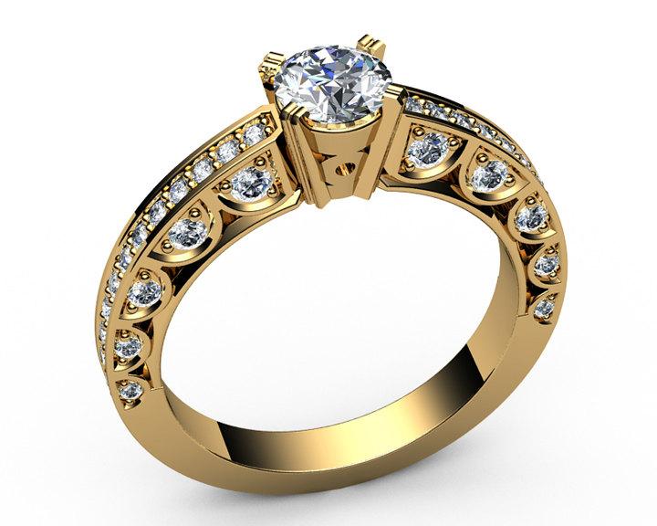 Unique One carat Engagement Diamond ring in Bella Design channel-set pavé half moon trellis crafted in 18K Yellow gold or 18K White gold