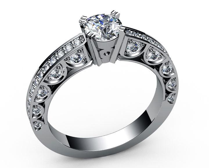 Unique One carat Engagement Diamond ring in Bella Design channel-set pavé half moon trellis crafted in 18K Yellow gold or 18K White gold - Lianne Jewelry