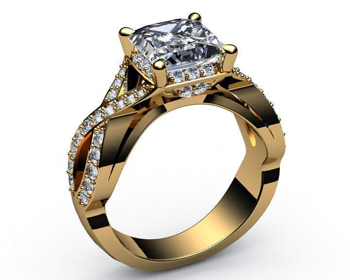 Moissanite Ring Princess Cut Diamond Engagement Unique Ring Cross Pave in 18K White Gold or Yellow Gold
