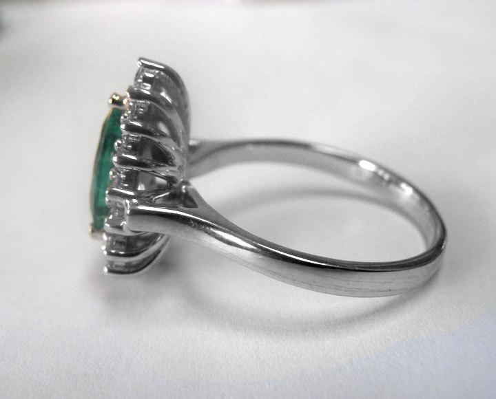 Vintage Emerald Ring Pear shape Emerald diamonds 14K White gold Frame Pave Diana ring F VS-1 Diamonds surround the Emerald May Birthstone