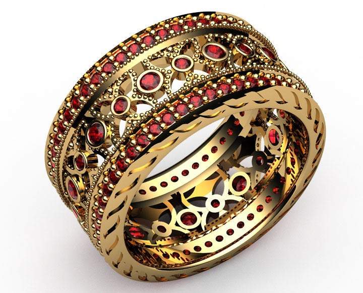 Gold Wide Band Ring Brutalist ring Eternity Ring Ruby Ring Anniversary Ring Wide Ring 122 stones 18K Yellow gold Anniversary Gift
