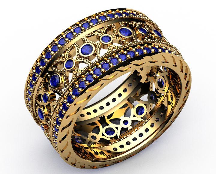 Filigree ring Gold Band Ring Sapphire Eternity Ring Anniversary Ring Wide Ring 124 stones 18K Yellow gold Anniversary Gift - Lianne Jewelry