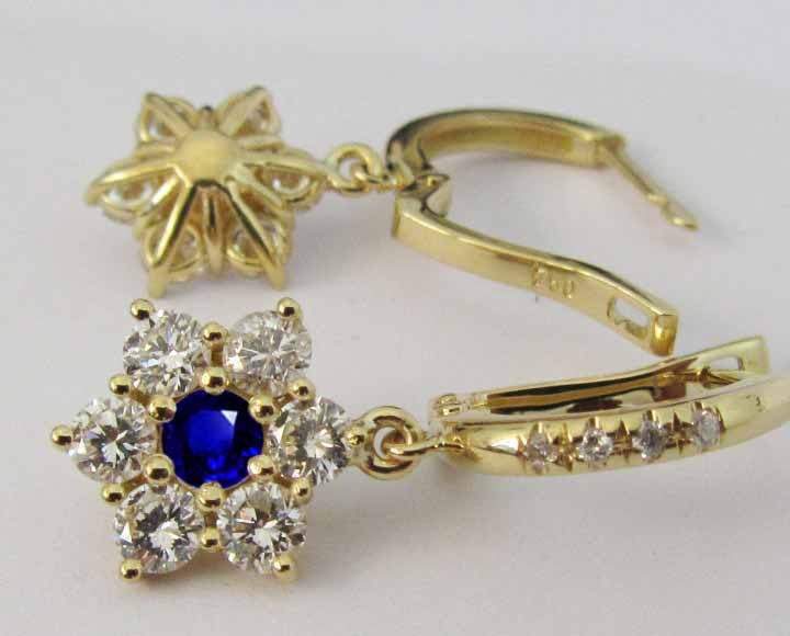 Lever back Flower Earrings Sapphire Earrings Dangle Drop Diamond Earrings Chandelier Earrings 18K Gold Flower Design Perfect Gift for Her